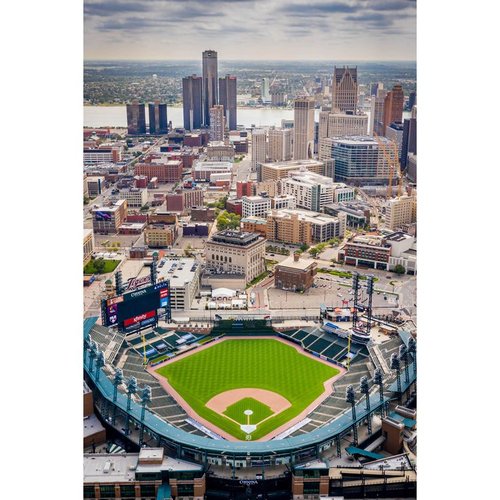 Comerica Park exterior view with Detroit skyline