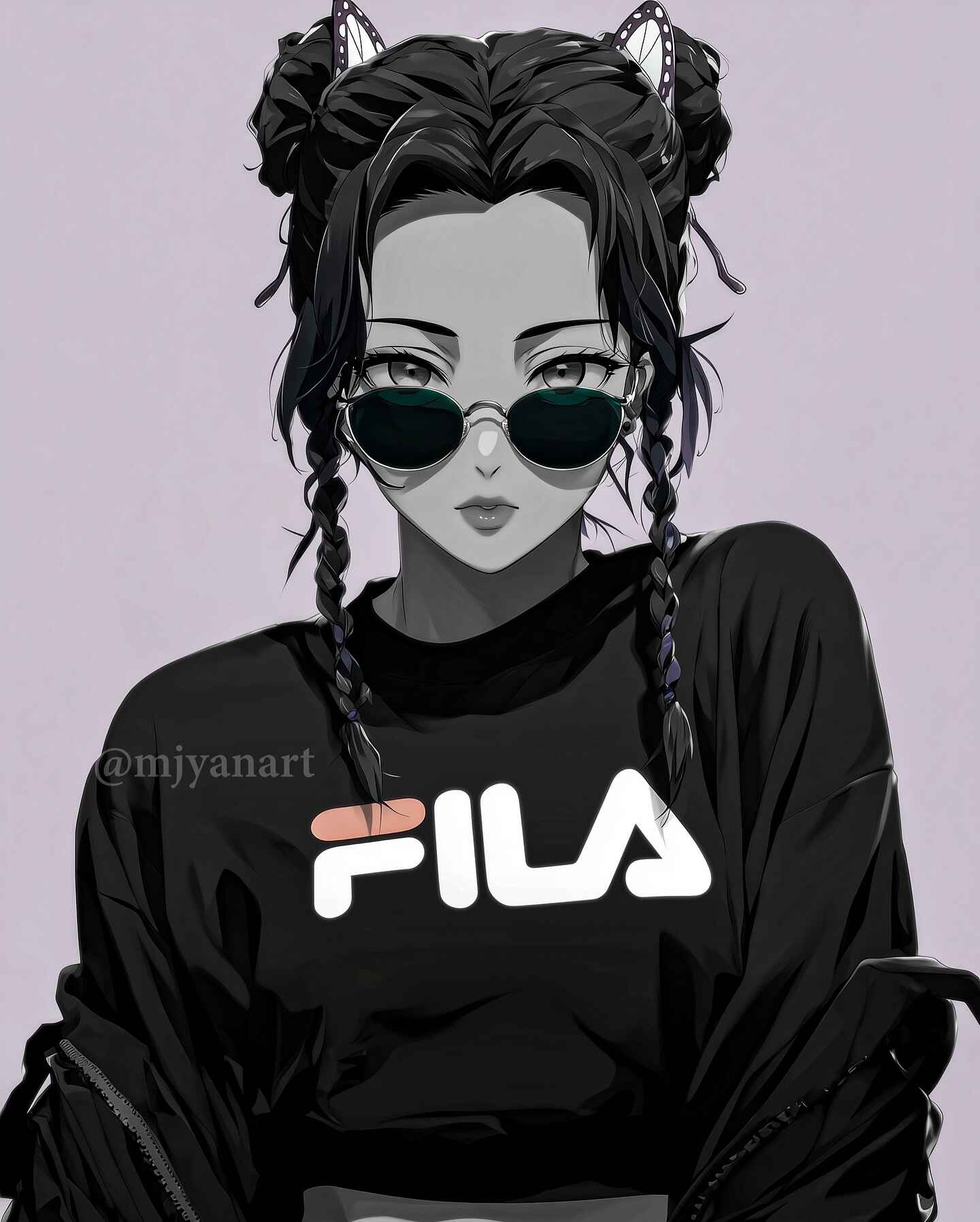 anime female in fila sweater with glasses 