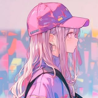 Anime character illustration with cap and backpack Anime artwork of a girl in a cap and backpack with pastel background